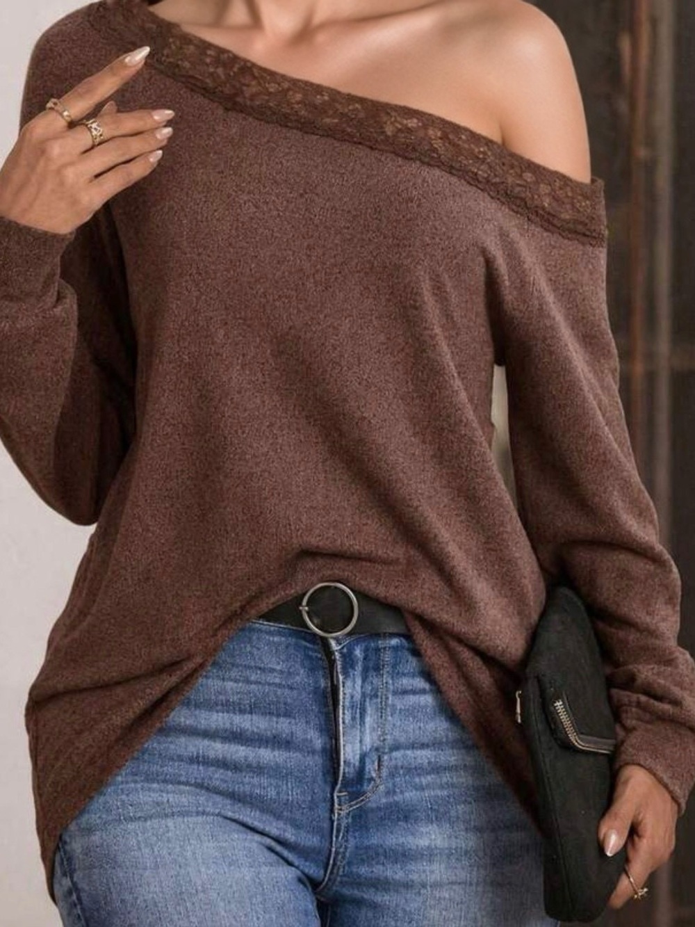 Brown Off-Shoulder Lace Trim Sweater - Women's Cozy Top